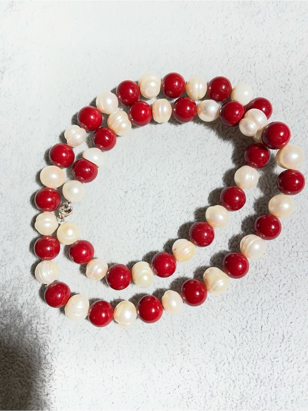 Elegant Cultured Pearls Red Glass Beaded Necklace 18" L